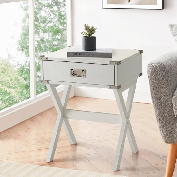 Sturdy White 1-drawer End Table with Reliable X-shaped Base