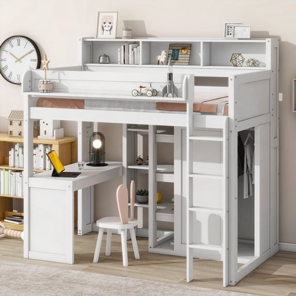 Sturdy White Twin Size Loft Bed with Multiple Storage & a Functional Desk