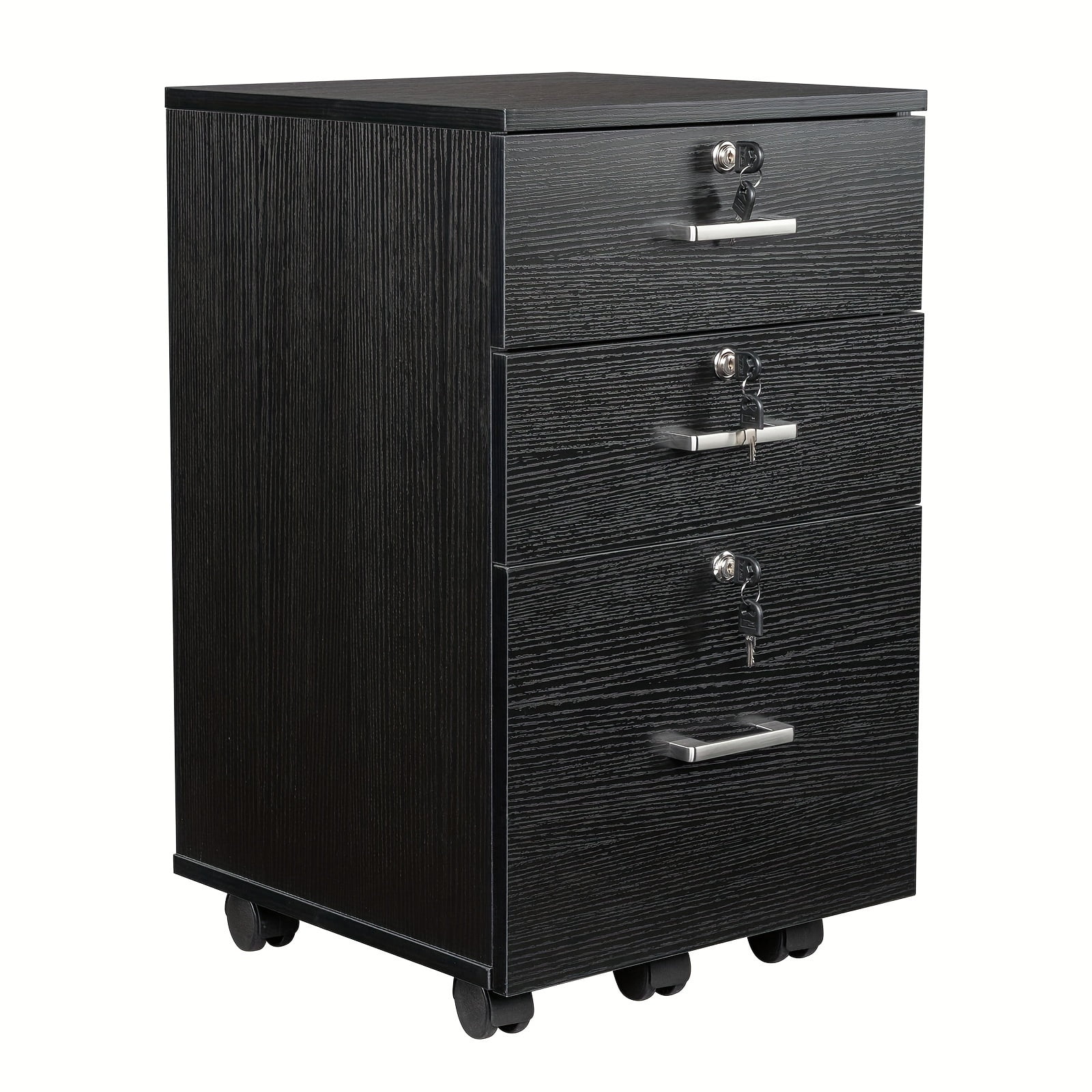 Sturdy Wood Grain Filing Cabinet with Three Drawers Lockable Wheels