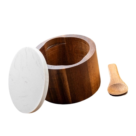 Sturdy Wood Salt Box With Marble Seal And Integrated Spoon For Kitchen Organization
