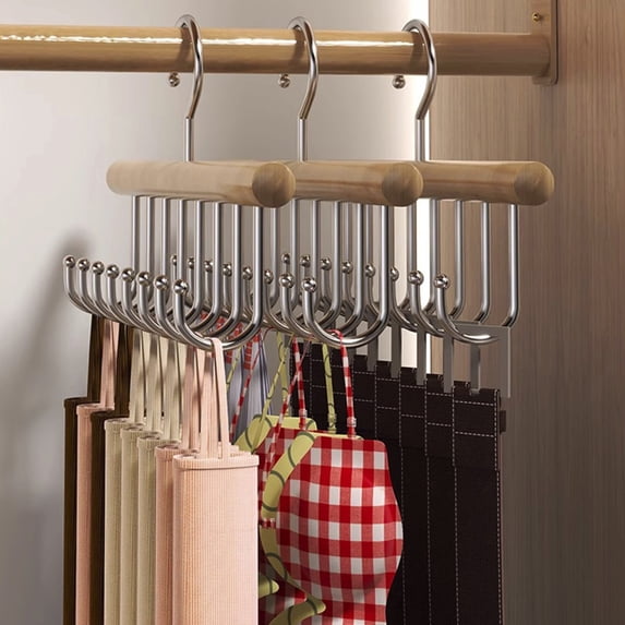 Sturdy Wooden Belt Hanger, 8 Hooks Closet Organizer, Multi-Function Tie Rack, Wall Mount Closet Storage Rack for Belts Ties Scarves Accessories, 11*6.7in, Beige