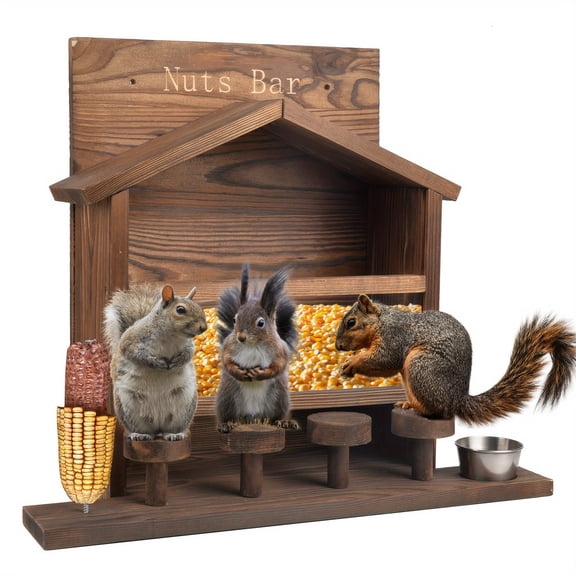 Sturdy Wooden ChezMax Squirrel Feeder Picnic Table - Large Funny Chipmunk Feeding Station with Stools, Corn Holder, and Water Bottle for Outside Squirrels