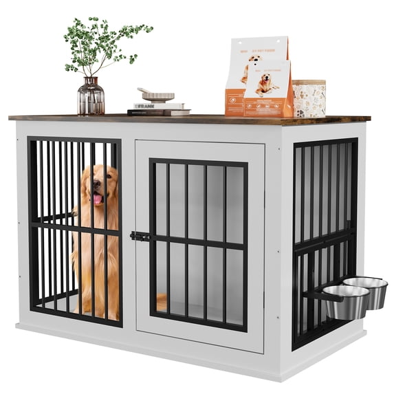 Sturdy Wooden Dog Crate Furniture – 40 Inch Indoor Kennel Cage with Removable Bowls, Adjustable Feet, Decorative Side Table – Ideal for Medium/Large Dogs – Color: White + Vintage (For Kangjie only)