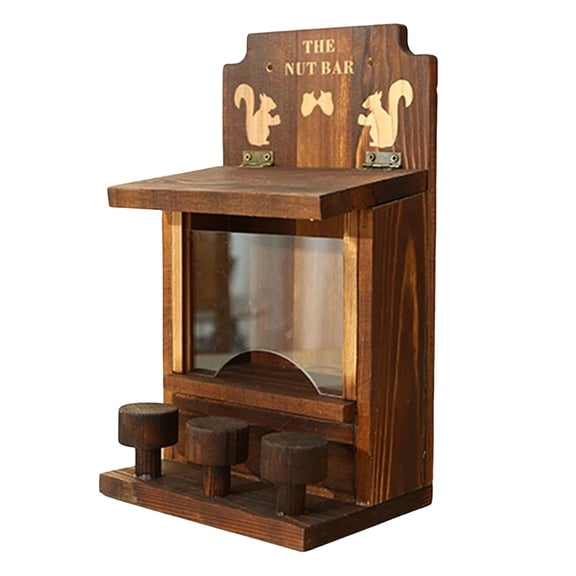 Sturdy Wooden Squirrel Feeder with Transparent Food Cup & Lift-Up Lid for Backyard Garden Durable Natural Wood Easy Wall Mounting Fun Decorative Multi-Squirrel Feeding Station