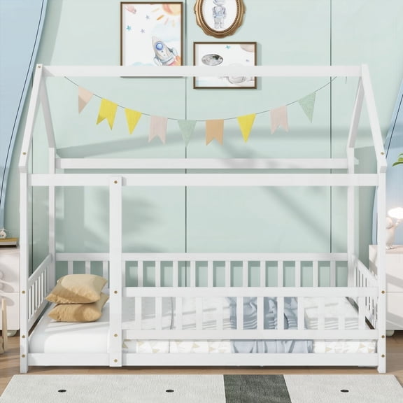 Sturdy Wooden Twin Size Bed with Roof & Fence, Safe & Stylish