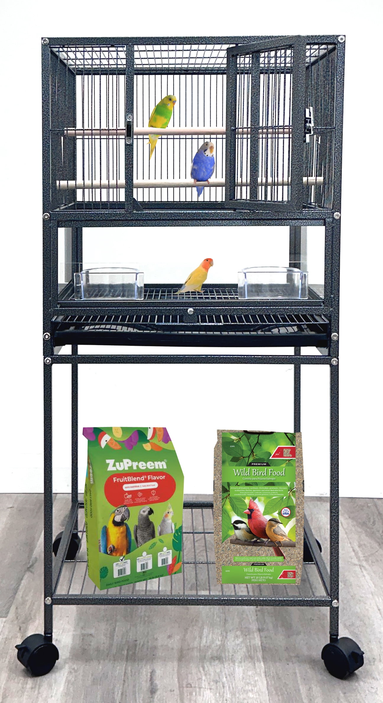 Sturdy Wrought Iron Bird Parrot Cage Sturdy Front Door Side Nesting Doors Acrylic Clear Bottom Prevent Food Spillage Removable Rolling Stand Storage Shelf Lockable Wheels