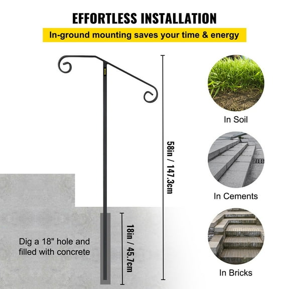 Sturdy Wrought Iron Grab Rail - Single Post Handrail for Steps, Fits 1-2 Steps, Gray Ground Mounted Support