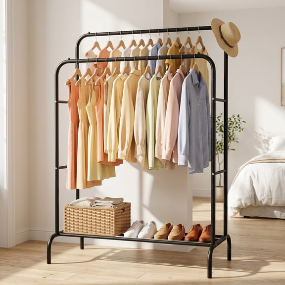 Sturdy pure metal double pole clothes hanger, portable with storage rack