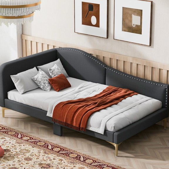 Sturdy twin daybed with grey upholstery and easy installation | Good for guest rooms, provides a stable sleeping area