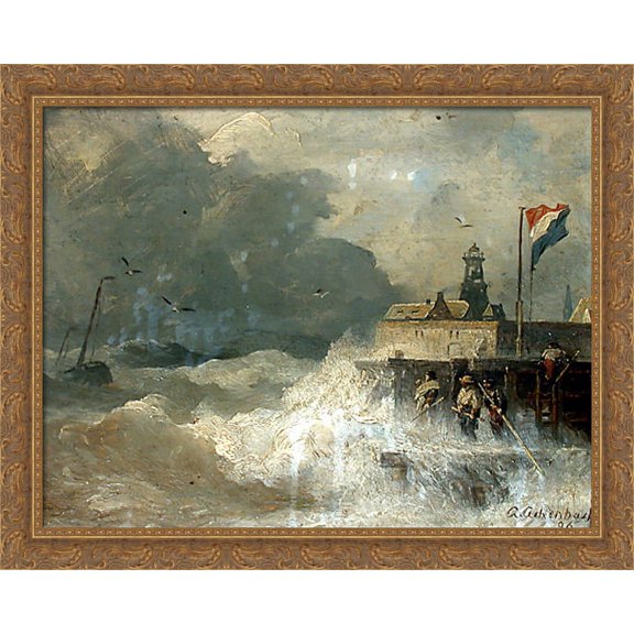 Sturm an der K?ste 36x28 Large Gold Ornate Wood Framed Canvas Art by Andreas Achenbach