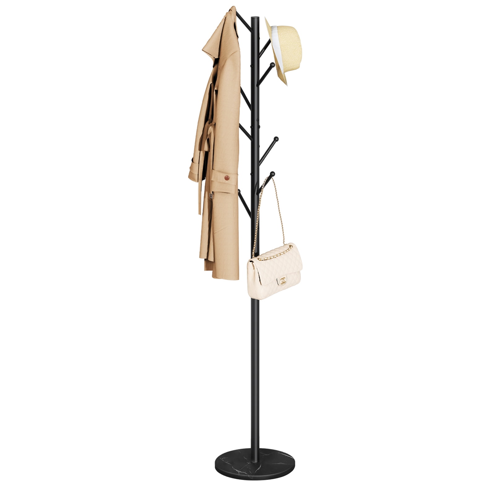 YUBO Co.ltd Coat Rack Freestanding with Natural Marble Base, Coat Tree with 8 Hooks, Metal Hall Tree for Jacket, Hat, Bag, Coat Hanger Stand for Entryway,Black