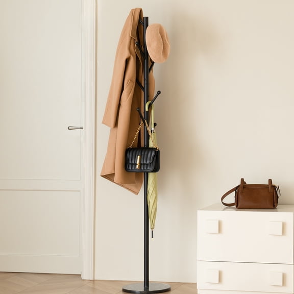 Coat Rack Freestanding with Natural Marble Base, Coat Tree with 8 Hooks, Metal Hall Tree for Jacket, Hat, Bag, Coat Hanger Stand for Entryway,Black