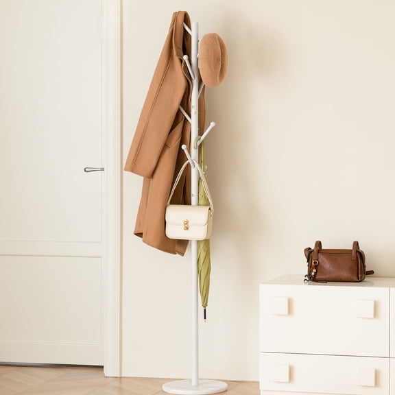 Coat Rack Freestanding with Natural Marble Base, Coat Tree with 8 Hooks, Metal Hall Tree for Jacket, Hat, Bag, Coat Hanger Stand for Entryway,White