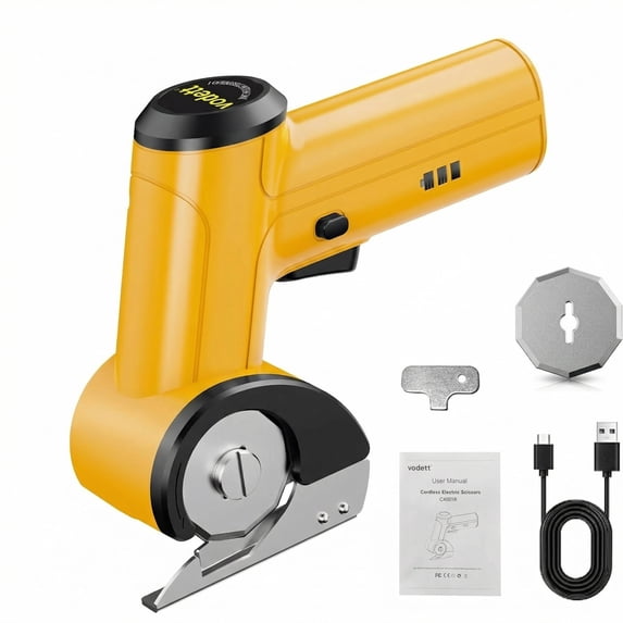 Stxxno Cordless Electric Scissors, Cardboard Box Cutter Heavy Duty, 4V Rechargeable Power Rotary Cutter with Safety Lock & LED Light for Fabric, Carpet, Paper or Leather, Orange