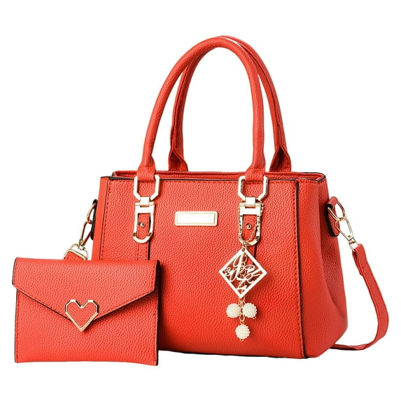 Stylago 2pcs Handbags and Purses Fashion Pendant Leather Shoulder Bags for Women Top Handle Satchel and Wallet Set for Ladies Red
