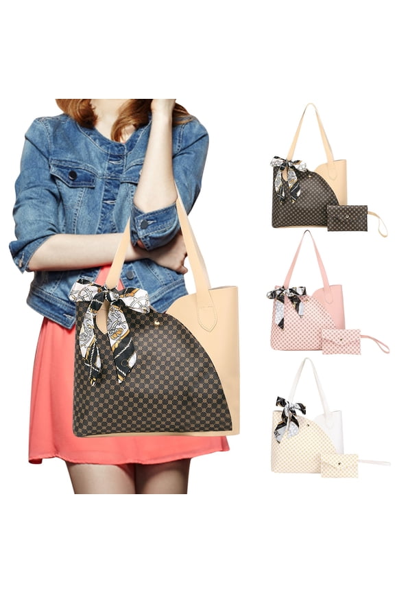 2pcs Handbags and Purses for Women Top Handle with Bow Ribbon Shoulder Bags College Students Wristlet Wallet Set Brown