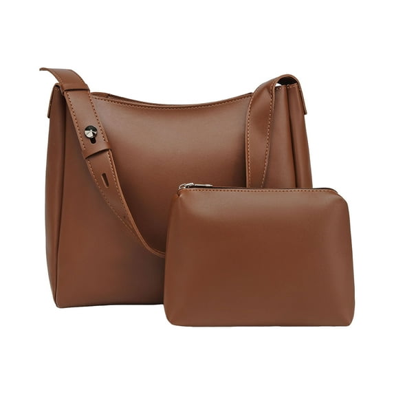 Stylago 2pcs Shoulder Purses for Women Adjustable Strap Soft Leather Handbag Stylish Tote Work Cellphone Underarm Bag Set Brown