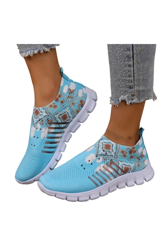 Breathable Walking Shoes for Women Memory Foam Print Slip on Mesh Sneakers Outdoor Arch Support Workout Sports Shoe Blue Size 9