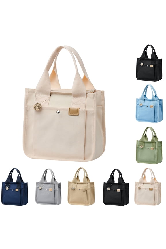 Canvas Tote Bag for Women Pendant Mini Handbags Multiple Compartments Casual Zipper Purses Lunch Bags for Camping Black