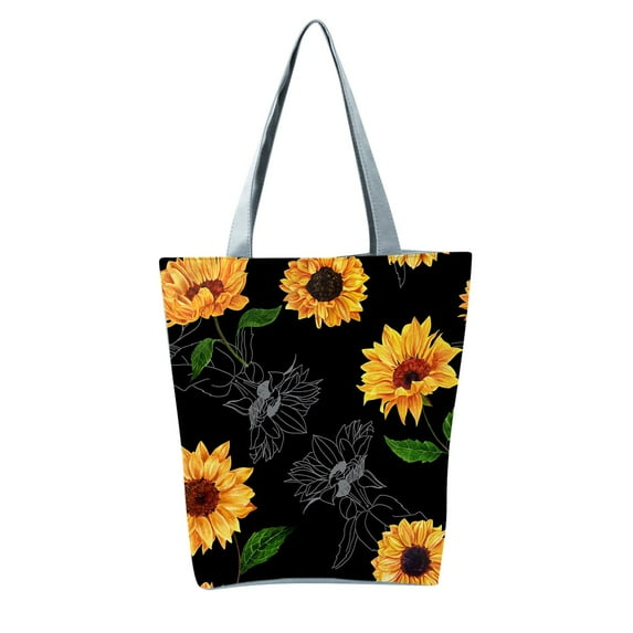 Stylago Canvas Tote Bags for Women Sunflower Pattern Shoulder Purses Ladies Internal Pockets Zipper Handbags for Camping Black