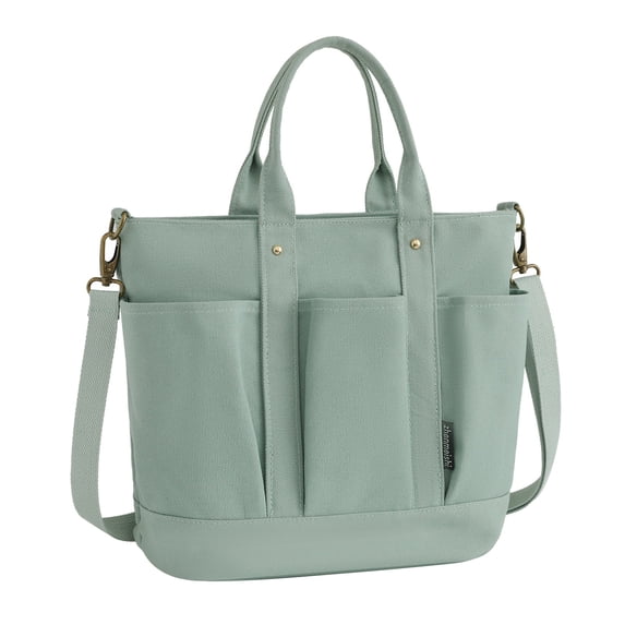 Stylago Canvas Tote Bags with External Pockets Womens Detachable Strap Crossbody Shoulder Bags Zipper Shopping Handbags Green