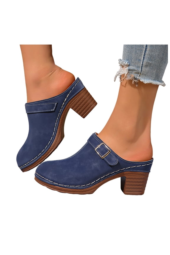 Chunky Heel Sandals for Women Closed Toe Block Heeled Slide Shoes 2026 Ladies Casual Walking Sandal for Outdoor 8.5 Blue