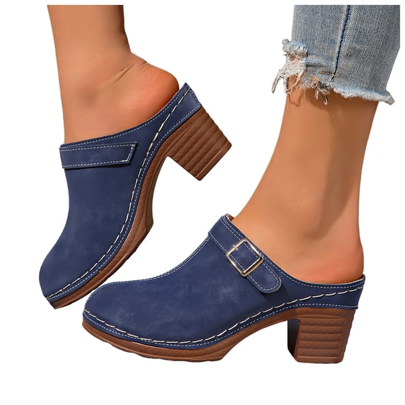 Stylago Chunky Heel Sandals for Women Closed Toe Block Heeled Slide Shoes 2026 Ladies Casual Walking Sandal for Outdoor 9 Blue