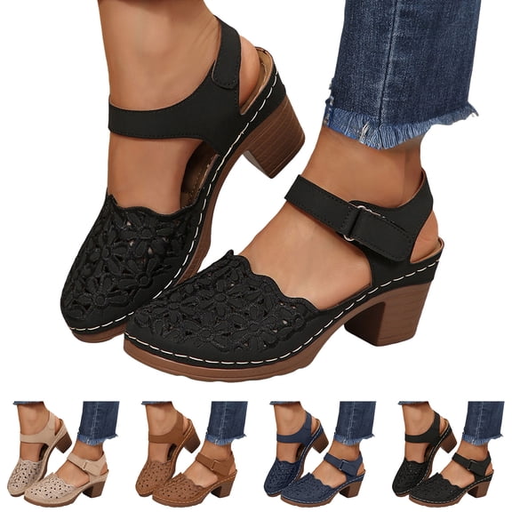 Stylago Chunky Heel Sandals for Women Flower Hollow Out Closed Toe Dress Shoes Ladies Low Block Summer Party Heels Beige Size 9.5