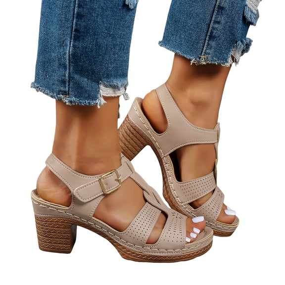 Stylago Chunky Heels for Women Open Toe Dressy Sandals Block Heel Travel Slide Shoes Summer Work Buckles Casual Pumps Grey Size 6.5