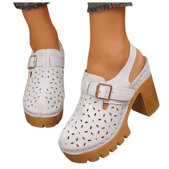 Stylago Closed Toe Chunky Heels for Women Slip on High Block Heel Dressy Sandal Ladies Summer Walking Slide Shoes White Size 8