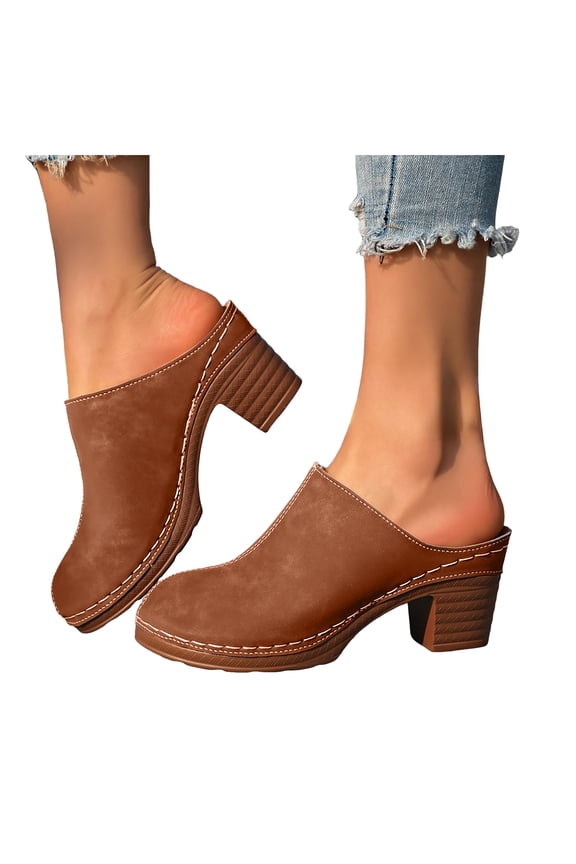 Closed Toe Mules Heels for Women Block Heel Slip on Slide Shoes Summer Outdoor Indoor Slippers Ladies Casual Pumps Brown Size 9.5