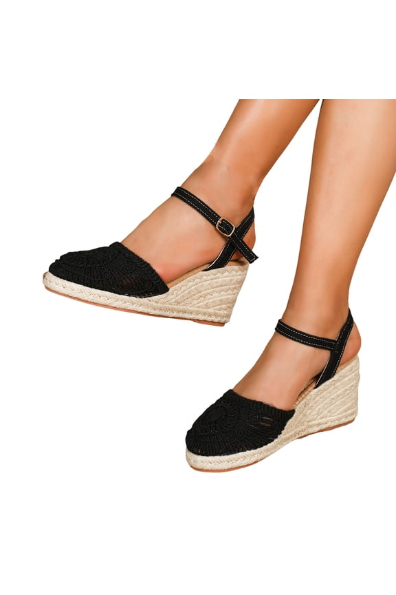 Closed Toe Wedge Sandals for Women Knitted Upper Summer Dressy Walking Sandals Ankle Strap Travel Shoes Black Size 6.5