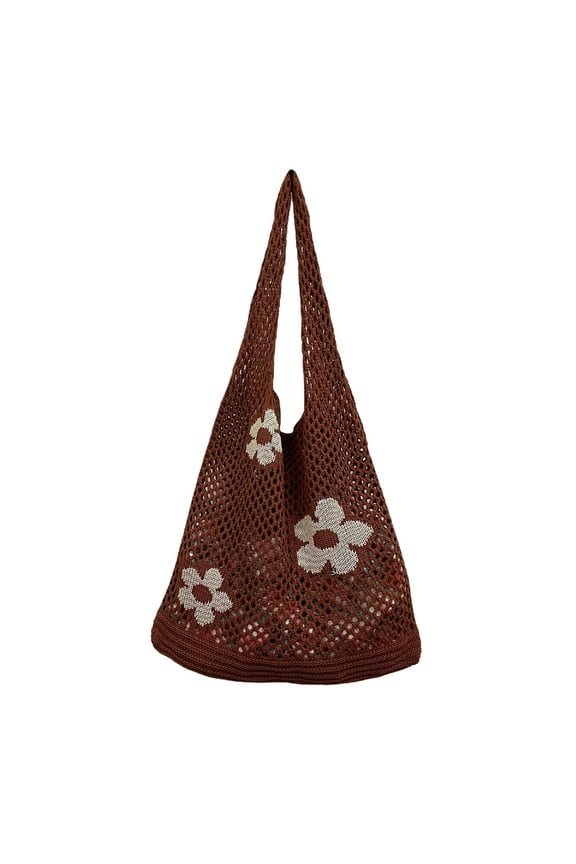 Crochet Mesh Shoulder Bags for Women Beach Tote Purses Summer Handbags for Ladies and Students Travel Shopping Brown