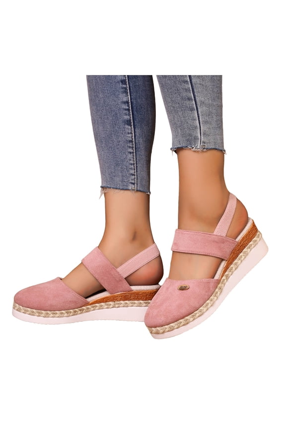 Espadrilles Wedge Sandals for Women Closed Toe Casual Work Shoes with Ankle Strap Low Wedges Heel Walking Sandal Pink Size 6.5