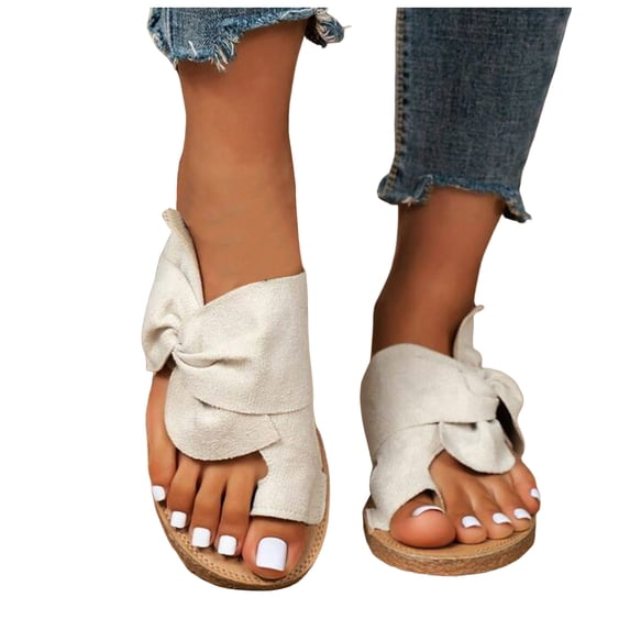 Stylago Flat Sandals for Women Suede Slip on Walking Dressy Slides Wide Width Summer Slippers Toe Ring Outdoor Shoes White Size 10
