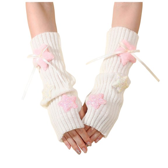 Stylago Girls' Knit Fingerless Gloves Star Decorated Half Finger Long Arm Warmers Ribbon Bow Cold Weather Fashion Street Winter