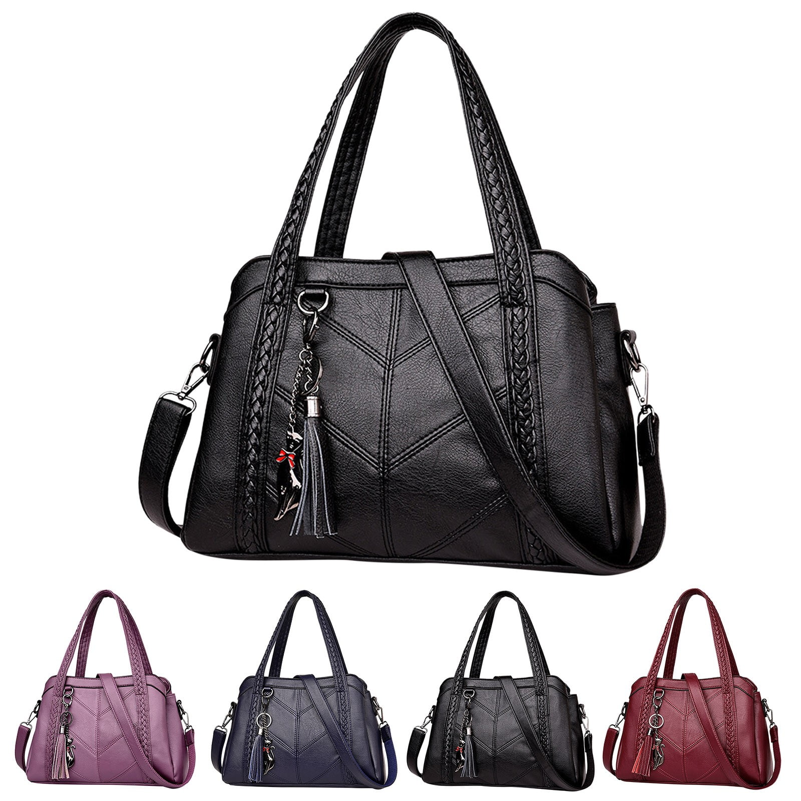 Stylago Large Crossbody Bags for Women Tassel Pendant Zipper Vintage Leather Multiple Compartments Shoulder Purses Tote Black
