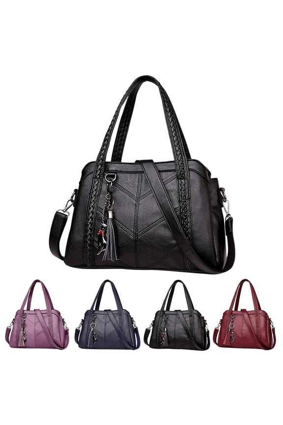 Large Crossbody Bags for Women Tassel Pendant Zipper Vintage Leather Multiple Compartments Shoulder Purses Tote Black