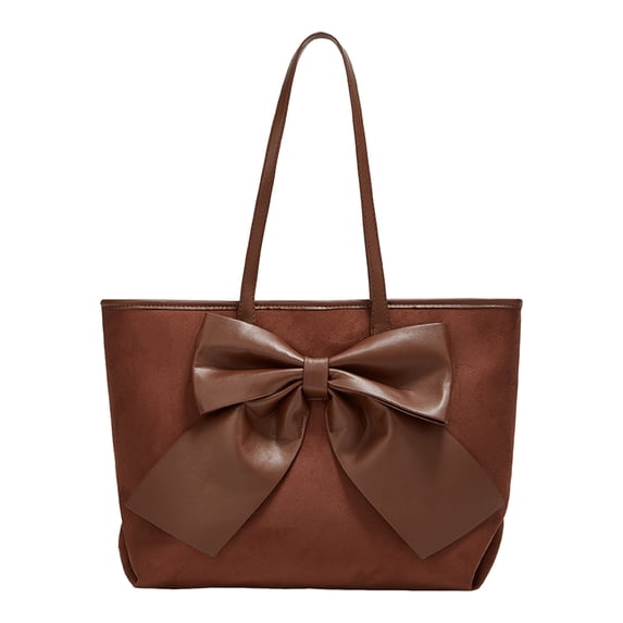 Stylago Large Suede Tote Handbags Fashion Leather Bow Work Shopping Shoulder Purses Ladies Travel Daily Underarm Hobos Bag Brown
