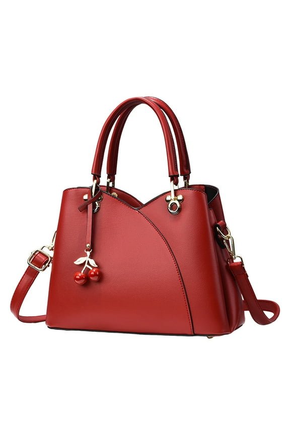 Leather Handbags and Purses for Women Cherry Pendant Fashion Top Handle Satchel Multiple Compartments Crossbody Bag Red