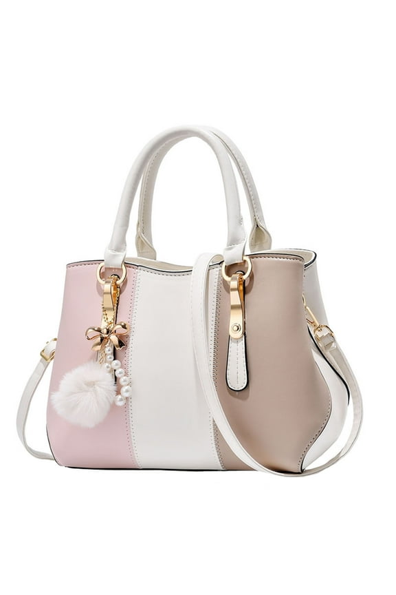 Leather Purses and Handbags with Plush Pendant Womens Top Handle Satchel Tote Bags Trendy Travel Messenger Shoulder Bag White