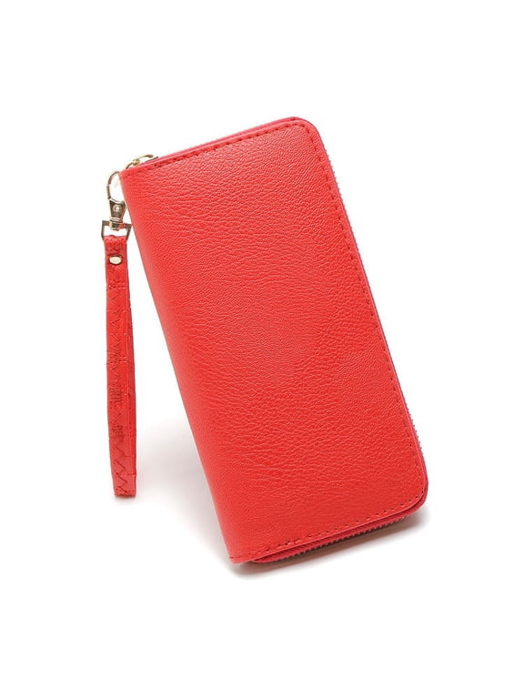 Leather Wallet for Women RFID Bifold Multiple Card Slots Purse Detachable Wristlet Clutch Bag Ladies Zipper Pocket Red