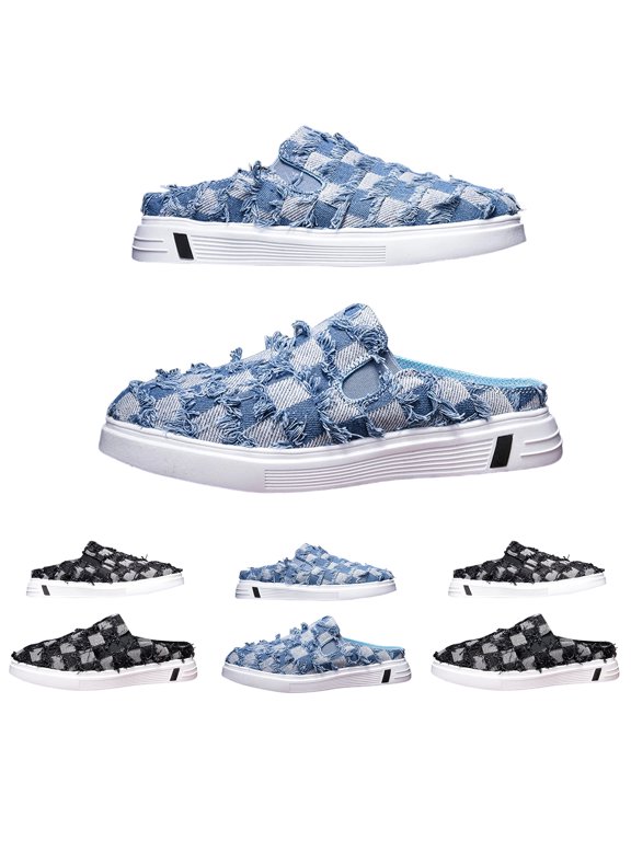 Mens Canvas Mules Slip on Casual Backless Slippers Outdoor Walking Frayed Checkered Flat Slide Shoes