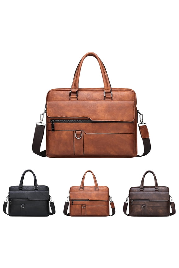 Mens Leather Briefcase Laptop Messenger Bags Detachable Strap Vintage Computer Crossbody Shoulder Bag for Business Work Black