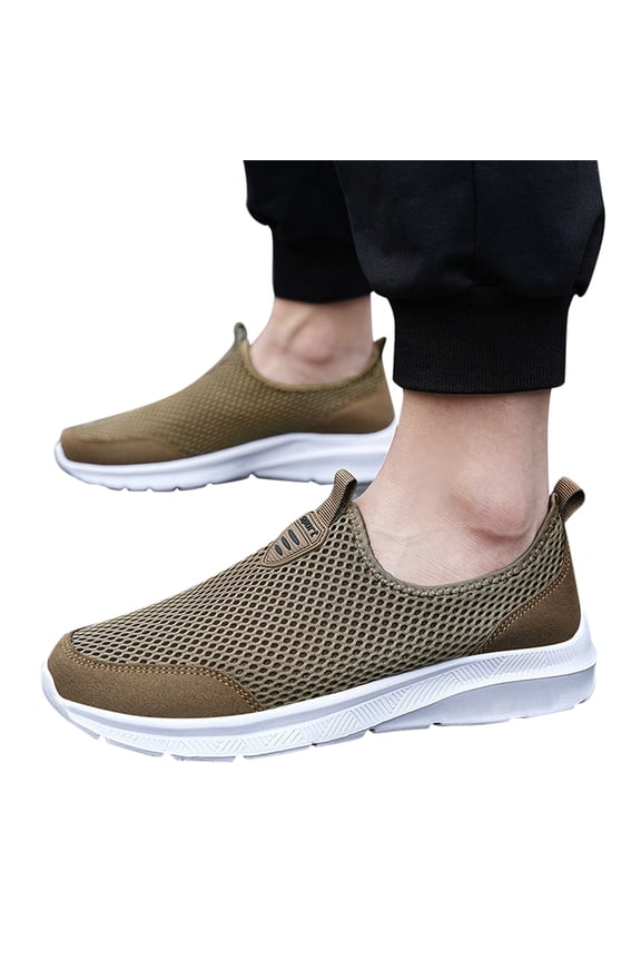 Mens Mesh Walking Shoes with Memory Foam Slip on Breathable Sneakers Summer Lightweight Workout Shoe for Sports Brown Size 8