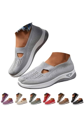 Mesh Walking Shoes Memory Foam Slip on Mary Jane Sneakers Breathable Running Shoe Arch Support Lightweight Shoe Beige Size 6