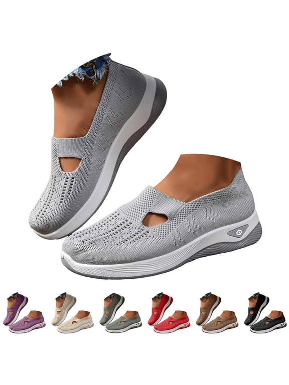 Mesh Walking Shoes Memory Foam Slip on Mary Jane Sneakers Breathable Running Shoe Arch Support Lightweight Shoe Beige Size 6