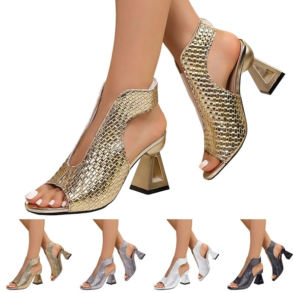 Stylago Open Toe Chunky Heels for Women Square Heel Dressy Shoes Sparkly Leather Wedding Heeled Shoes Slip on Party Pumps Black Size 9.5