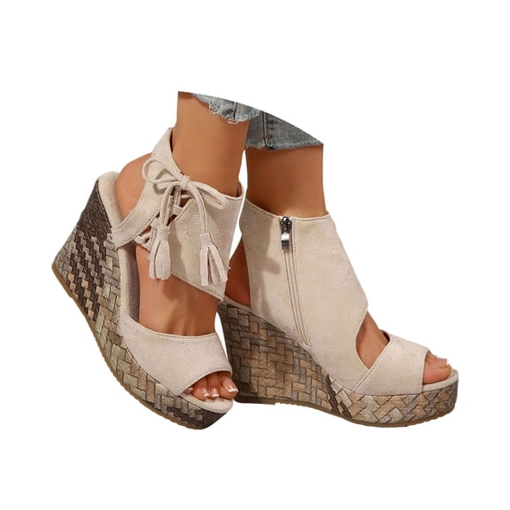 Stylago Open Toe Platform Wedge Sandals for Women High Top Side Zipper Party Shoes Tassel Suede Summer Wedges Sandal White Size 8.5