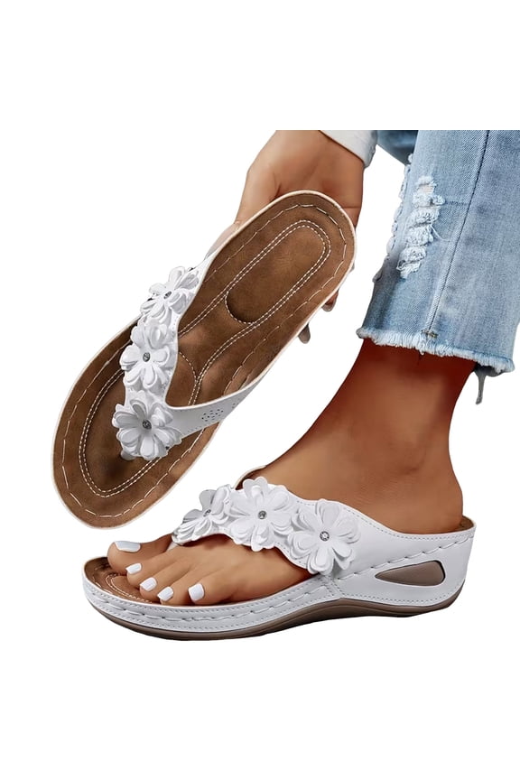 Orthopedic Wedge Sandals for Women Flower Dressy Flip Flops Summer Arch Support Slide Shoes Outdoor Walking Slippers Size 6.5 White